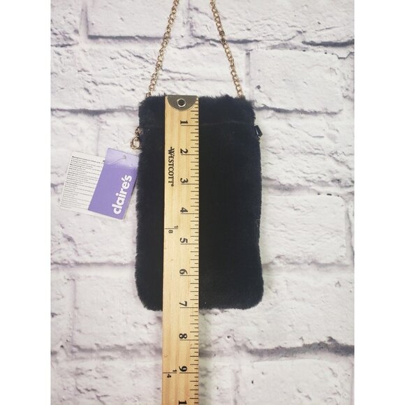 NEW Claire's Black Fuzzy Plush Cell Phone Holder With Gold Chain Strap - Picture 2 of 3